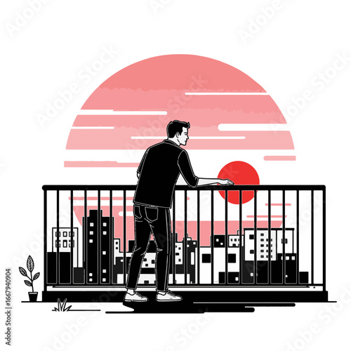 Man gazing at sunset from balcony, minimalist reflection