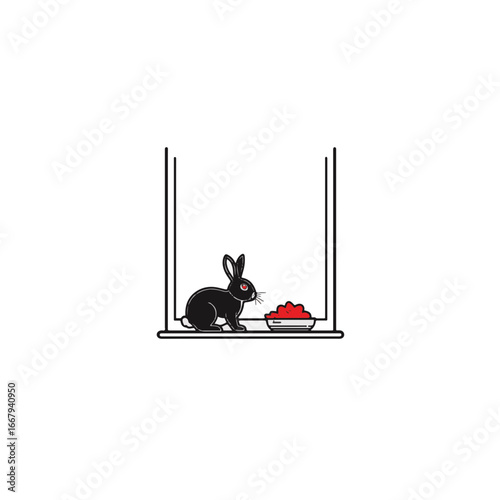 Rabbit looking out from windowsill in minimalist black and white, solitude