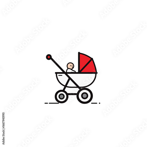Toddler joyfully pushing toy stroller in minimalist style, playful innocence
