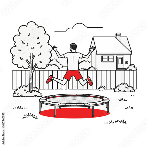 Man joyfully jumping on trampoline in backyard, exhilaration and playfulness