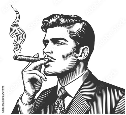 man in a suit smoking a cigar, symbolizing confidence and power sketch engraving generative ai fictional character vector illustration. Scratch board imitation. Black and white image.