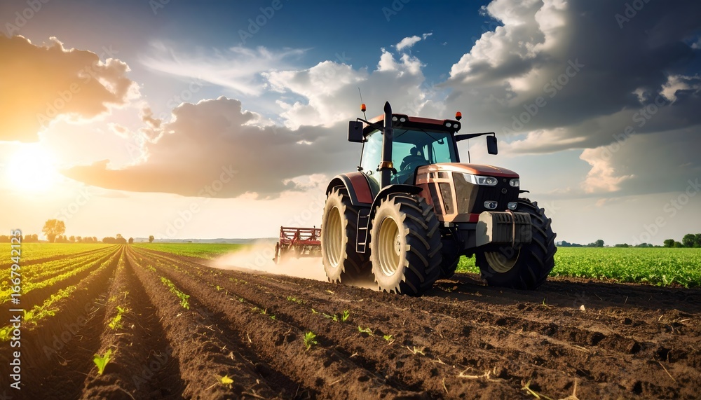 Fototapeta premium Tractor Cultivating Field at Sunset Dramatic Sky