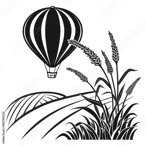 air baloon on open fild silhouette vector
