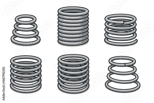 Set of metal springs vector illustration. Various steel coil springs for suspension and compression. Mechanical engineering parts. Flexible elastic metal coil icon collection.