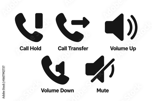 Call control solid icon set. Phone call management symbols for UI design. Vector collection including hold, transfer, mute, and volume up down buttons for web and apps.