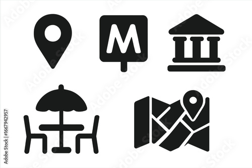 City travel and tourism solid glyph icon set. Urban exploration and navigation pictograms. Location pin, metro subway sign, museum building, outdoor cafe, street map symbols.