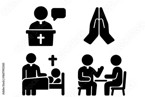 Clergy role solid icons set. Christian priest duties pictogram. Pastor giving sermon, praying hands, visiting sick person, spiritual counseling. Religion glyph symbol collection.