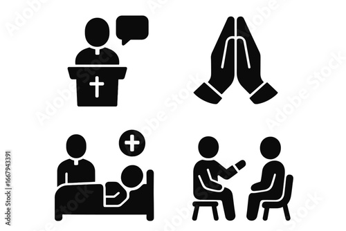Clergy duties solid glyph icons set. Pastor, priest christian ministry concept. Sermon, prayer, visiting the sick, counseling. Religion, faith and community support symbols.