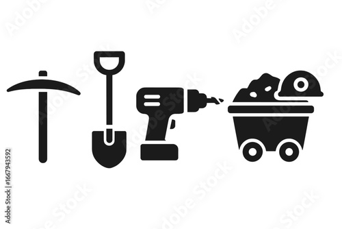 Coal mining tools icon set. Solid glyph vector icons for coal extraction. Pickaxe, shovel, drill, mine cart, helmet. Industrial equipment for quarry and excavation work.