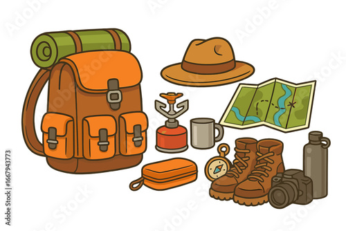 Backpacking gear and travel essentials for outdoor adventure. Vector cartoon set with backpack, map, compass, boots. Hiking and camping equipment flat lay for trip planning.