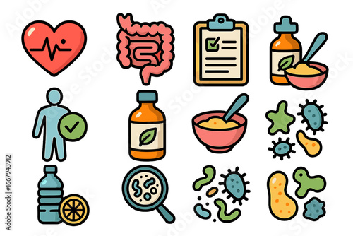 Microbiome and gut health vector icon set. Digestion, probiotics, bacteria, and supplements. Wellness, nutrition, and medical icons for healthcare applications. Cartoon style.
