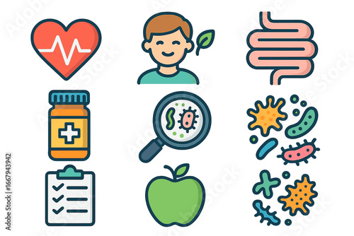 Health and wellness icon set. Gut microbiome, probiotics, and digestive health concept. Vector icons for medical app, cardiology, nutrition, and healthy lifestyle.