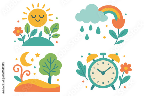 Colorful abstract illustration set of nature and time. Day, night, sun, moon, tree. Weather with cloud, rain, rainbow. Morning alarm clock. Cute vector cartoon icons.