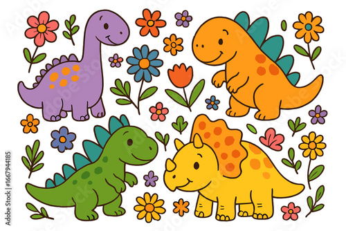 Cute cartoon dinosaurs set. Baby dino characters with flowers. Vector illustration for kids. Prehistoric animals collection. Funny smiling T-rex, triceratops, brontosaurus.