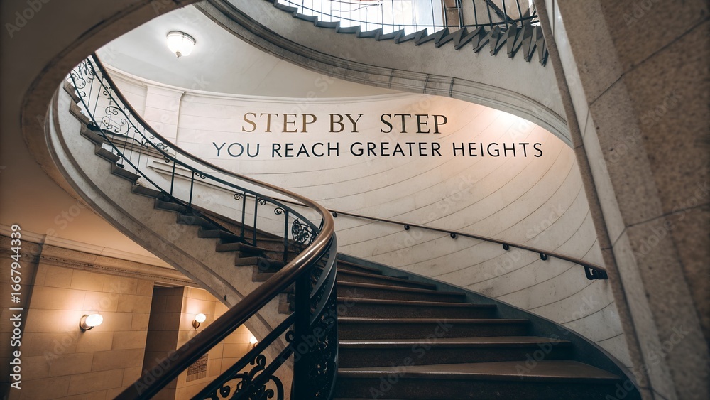 Obraz premium Inspirational Quote on an Elegant Curved Staircase in a Building