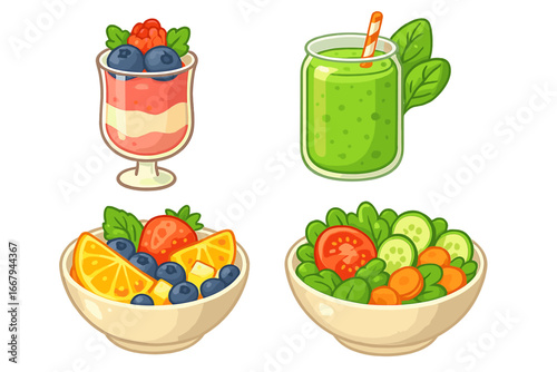 Healthy food vector icon set. Fresh fruit salad, vegetable bowl, green smoothie, berry parfait. Cartoon illustration for diet, nutrition, detox, clean eating, organic meal, vegan menu.