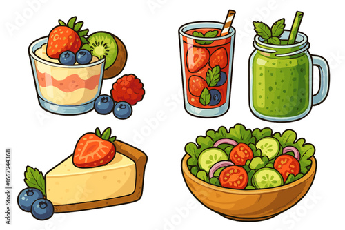Healthy food and drink illustration set. Vector collection of fresh fruit salad, green smoothie, berry juice, cheesecake, and parfait. Icons for diet, nutrition, and organic lifestyle concepts.