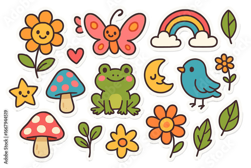 Cute groovy sticker set with whimsical characters. Cartoon frog, butterfly, flower, and rainbow. Vector illustration for kids. Nature symbols like mushroom, star, moon, bird, and heart.