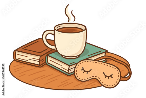 Cozy relaxation concept with coffee, books and sleep mask. Hygge lifestyle scene for self-care and rest. Vector illustration of a tranquil morning or evening routine.