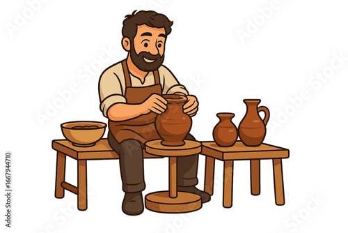 Man potter master shaping a clay pot on a pottery wheel in a workshop. Traditional craft, handmade ceramic art. Artisan at work. Vector cartoon illustration concept.
