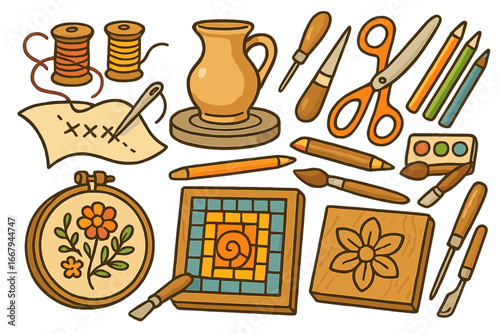 Crafts and hobby vector icon set. Handmade creativity with tools for embroidery, pottery, wood carving, mosaic, painting. DIY traditional art cartoon illustration kit.