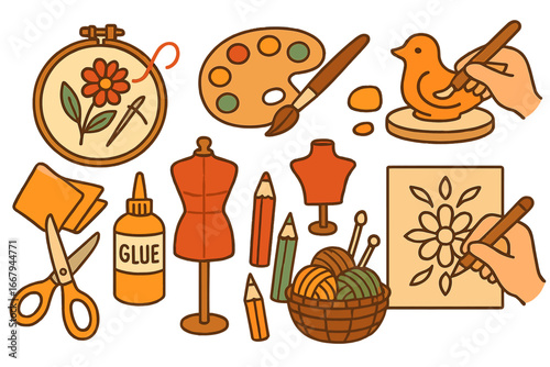 Crafts and hobby set. DIY creativity collection. Handmade activities icons. Embroidery, painting, knitting, sculpting, sewing. Art and craft supplies for creative workshop.