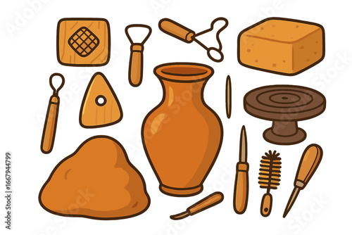 Pottery tools vector illustration set for ceramic craft hobby. Clay sculpting equipment, potter's wheel, vase, and modeling instruments in a flat cartoon style for a workshop.