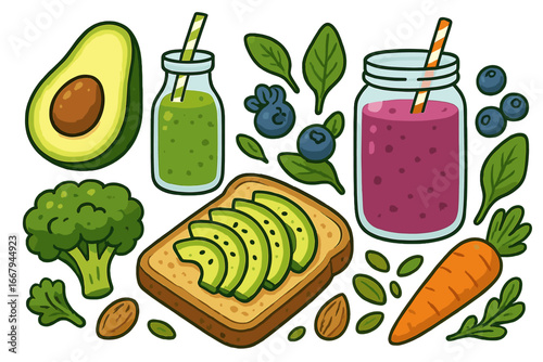 Healthy food set with avocado toast, green and berry smoothies, and superfoods. Vector cartoon illustration collection for vegan diet, organic lifestyle, and plant-based meal concepts.
