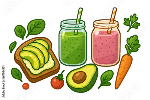 Healthy food set with avocado toast and smoothies. Vegan breakfast with green vegetable juice and pink berry smoothie. Plant-based diet concept vector cartoon illustration.