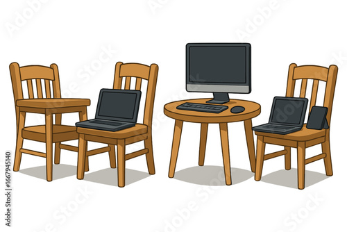 Remote work digital workspace with laptops on chairs, computer on table. Makeshift home office, freelance or co-working space concept. Bad ergonomics vector illustration set.