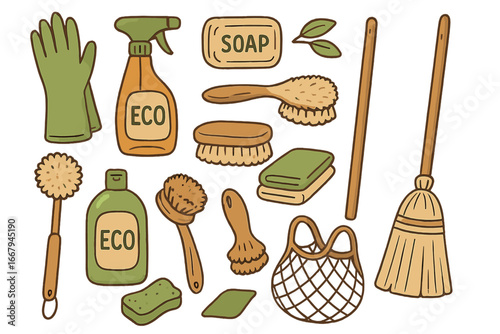 Eco-friendly cleaning tools for sustainable lifestyle. Vector set of natural household supplies. Zero waste concept with wooden brush, soap, sponge, broom for home cleaning.