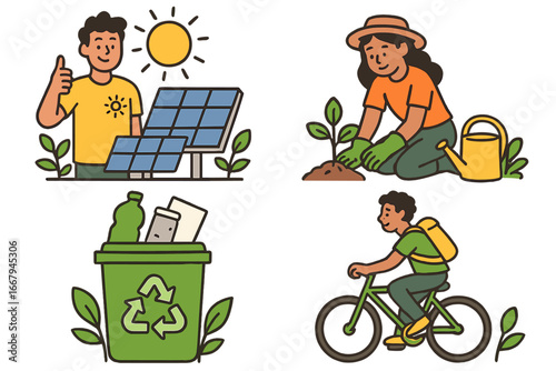 Eco friendly lifestyle concept illustration set. Solar panel energy, gardening plant, recycling trash bin & bicycle transport. Sustainable living vector cartoon collection.