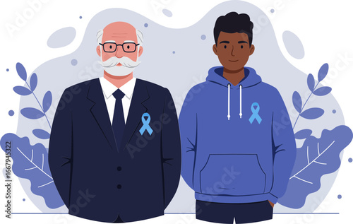 Two men standing side by side, an older Caucasian gentleman in a suit and a younger Black man in a hoodie, both wearing light blue awareness ribbons, symbolizing solidarity and support for a cause