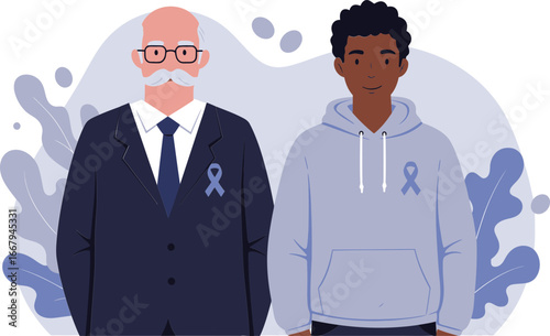 An older gentleman and a younger man stand side by side, each wearing a blue ribbon, symbolizing support and awareness for a cause
