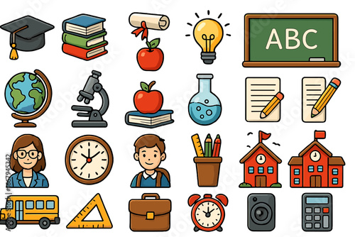Education icon set. Back to school cartoon vector illustration. Learning, study, and academic symbols. Globe, book, microscope, teacher, student, and school bus icons.
