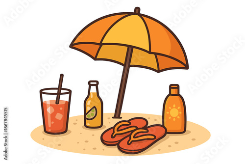 Summer beach vacation essentials concept. Vector illustration of relaxing day items: parasol, cocktail, beer, sunscreen and flip-flops on sand. Holiday travel icon set.