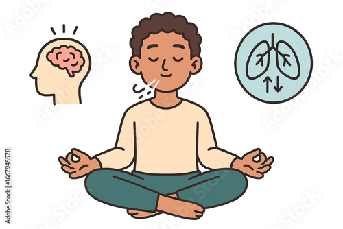 Mental health and well-being concept. Man doing breathing exercise in lotus pose for stress relief. Mindfulness, meditation, and psychology vector cartoon illustration.