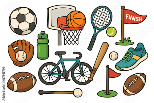Collection of sport equipment icons. Vector illustration set with soccer, basketball, baseball, american football, tennis, cycling. Cartoon doodle style for athletic activities.