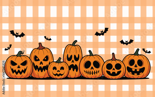 Row of jack o lanterns with different faces on checkered background