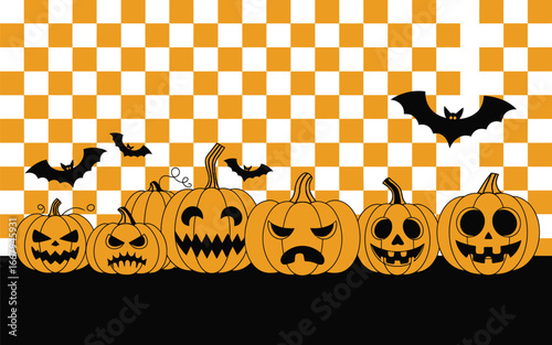 Halloween pumpkins with varied carved faces and bats on pattern