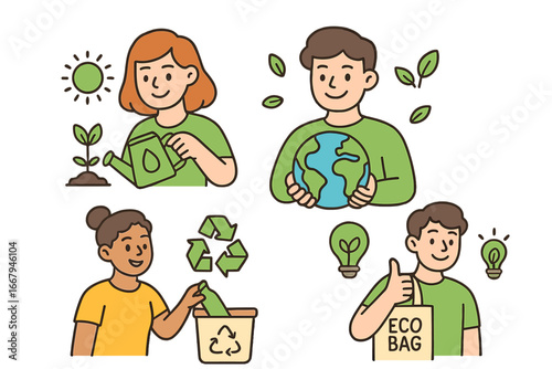 Sustainable living practices cartoon set. Environmental awareness. Eco-friendly people planting tree, recycling, holding earth, using eco bag. Green energy. Save the planet.