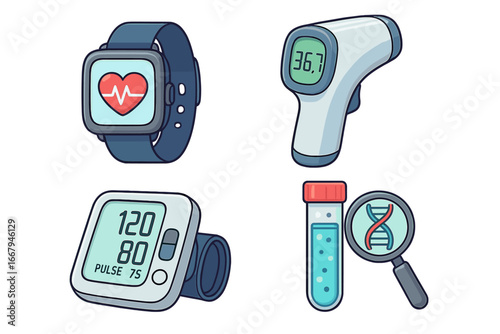 Medical technology icon set for health monitoring. Vector cartoon of smartwatch, thermometer, blood pressure monitor and DNA analysis. Healthcare diagnostic tools and genetics.