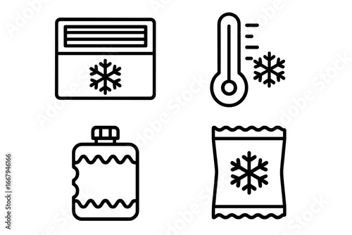 Cold chain logistics icon set. Outline vector symbols of refrigeration, frozen food, temperature control. Shipping and storage icons for perishable goods, freezer, and ice pack.