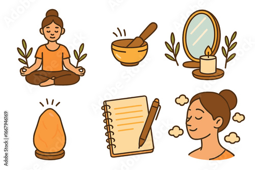 Mindfulness meditation vector icons. Self care routine for relaxation, mental health, wellbeing. Yoga lotus pose, himalayan salt lamp, journaling, candle, breathing exercise.