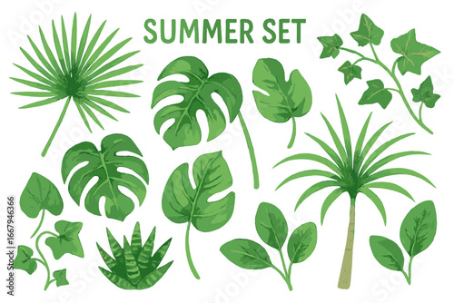 Watercolor summer set of tropical leaves and plants. Botanical illustration collection with monstera, palm leaf, ivy, ficus. Exotic jungle foliage design elements for decor.