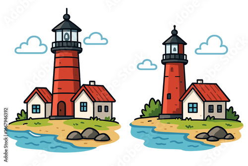 Red lighthouse on coast vector illustration set. Cartoon beacon tower on island shore with keeper house. Nautical navigation safety symbol. Maritime travel landmark icon.