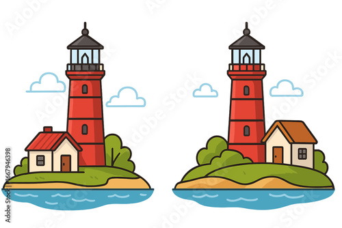 Red lighthouse and house on a coastal island. Vector cartoon illustration set. Nautical navigation beacon tower by the sea. Seascape graphic element for marine travel design concept.