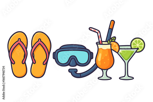 Summer beach essentials set with flip-flops, snorkeling gear, and tropical cocktails. Colorful vector cartoon illustration with transparent background, perfect for vacation and leisure themes.