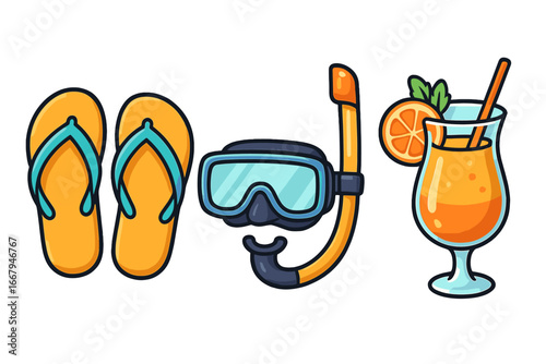 Summer Beach Essentials Cartoon Vector Illustration with Flip-Flops, Snorkeling Gear, and Refreshing Tropical Cocktail, Transparent Background, Vacation, Travel, Leisure Set