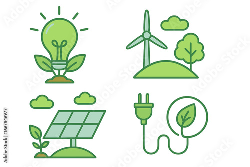 Sustainable energy concepts illustrated with eco-friendly green technology and nature elements in a simple vector cartoon style, featuring wind turbine, solar panel, lightbulb, and leaf plug